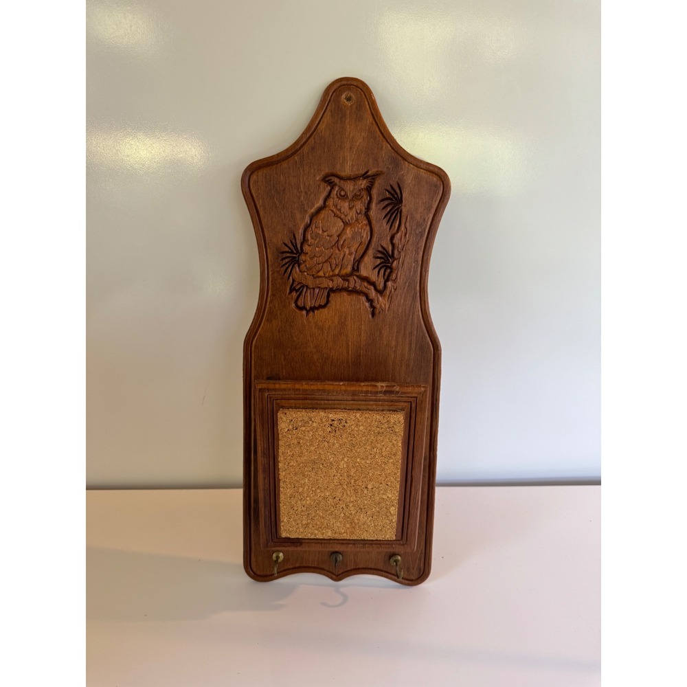 Vintage Wooden Owl Wall Organizer Mail Holder Cork Board Key Rack Rustic Decor